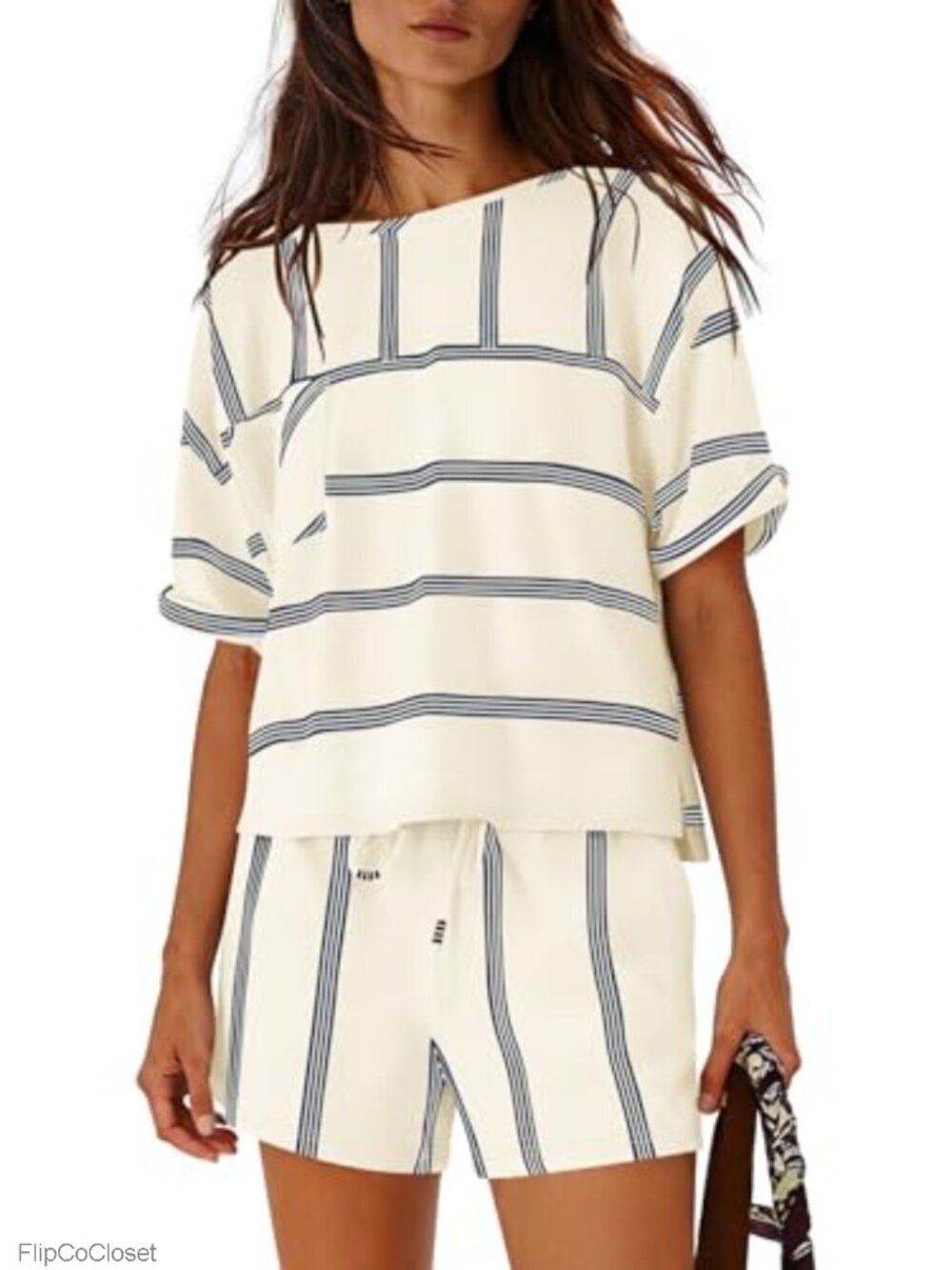 Striped 2 Piece Lounge Set Boat Neck Rolled Sleeve Shorts Vacation